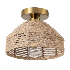 1-Light Hemp Rope Open Hemispherical Shade Semi-Flush Mount Lighting