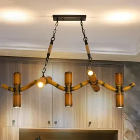 10-Light Metal Island Pendant in Brown with Wave Style, Pipe Shade, and Rope Detail".