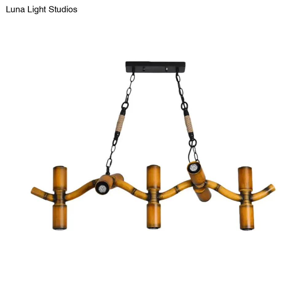 10-Light Metal Island Pendant in Brown with Wave Style, Pipe Shade, and Rope Detail".