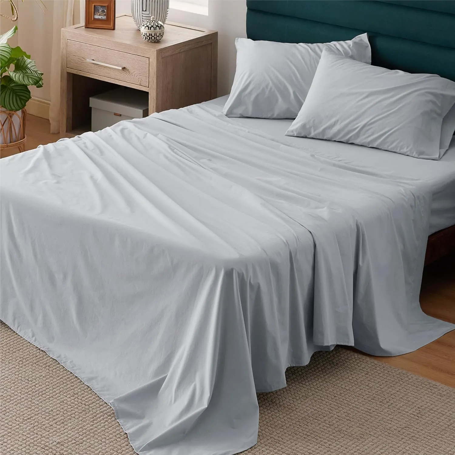 100% Cotton Sheets Twin Size - Soft Percale Sheets, 3 Pieces Grey Sheet Set, B