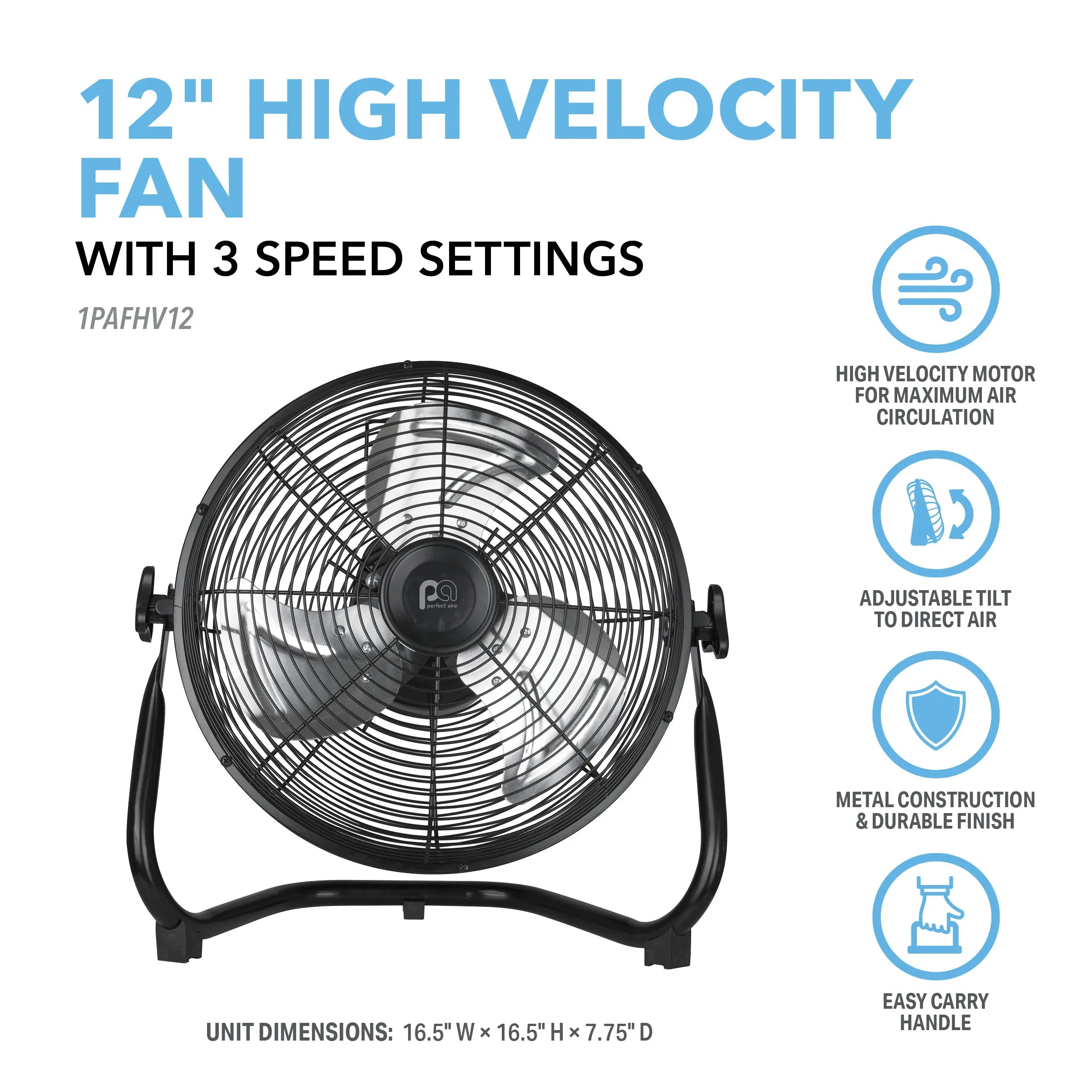 12” High Velocity Fan with Adjustable Tilting Head, 3 Speed Settings