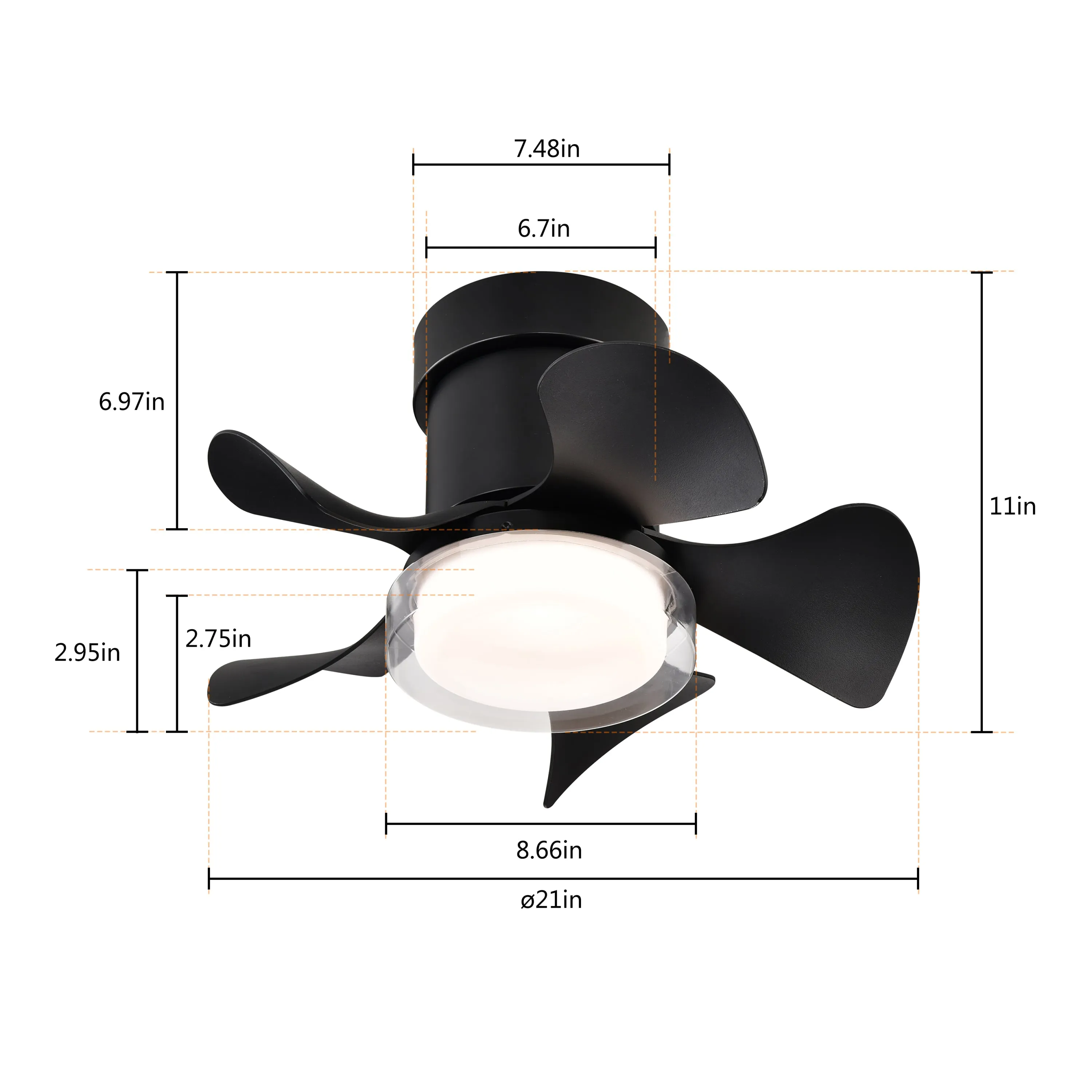 21'' Low Noise Matte Black ABS Blade Remote Ceiling Fan with LED Light (Matt Black)