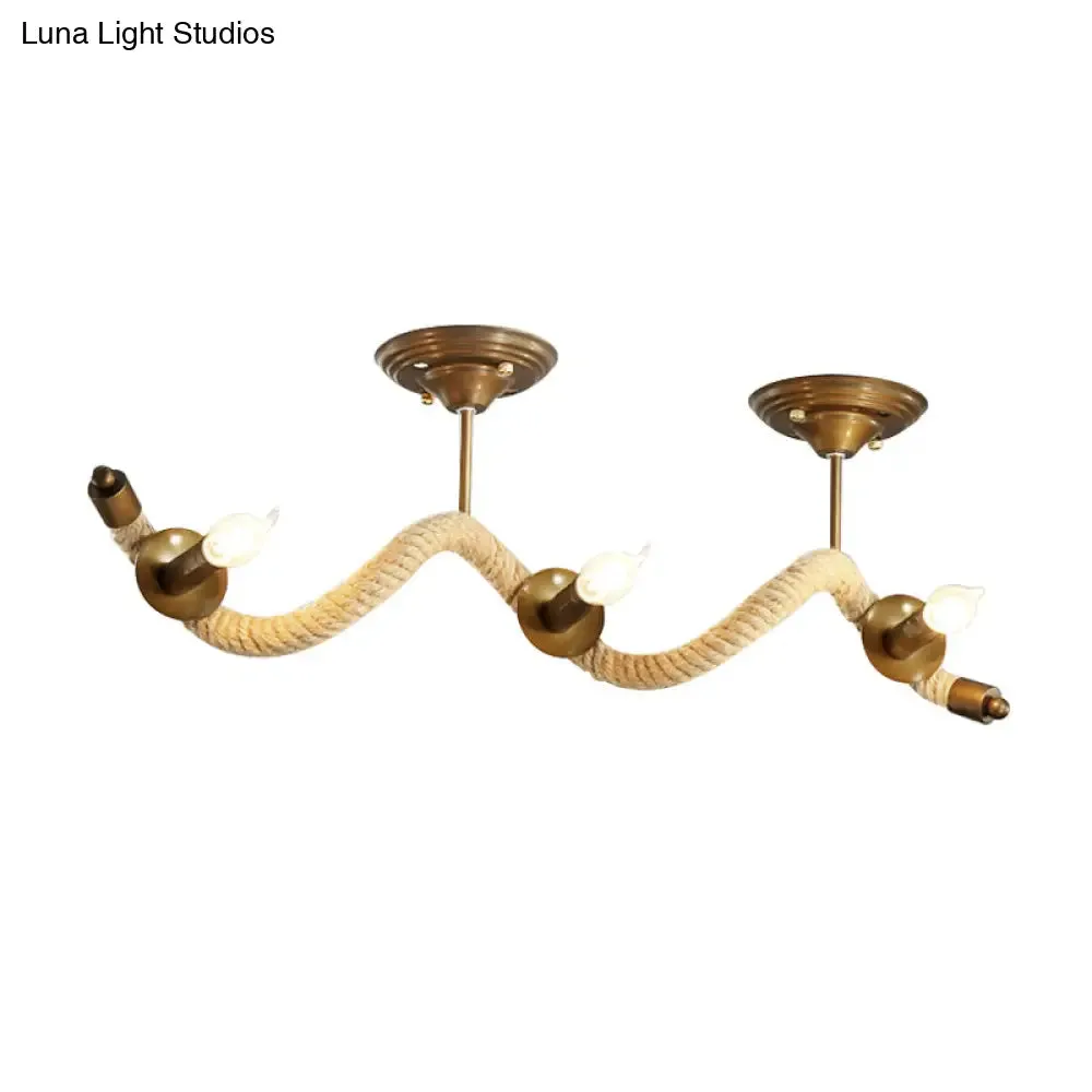 3-Head Wavy Rope Semi-Mount Ceiling Light Fixture - Vintage Brass Finish with Metallic Shine