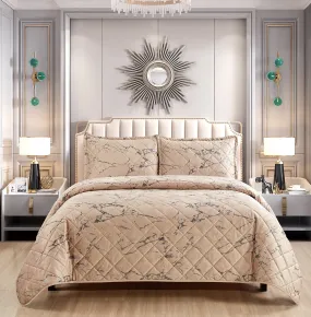 3 Piece Velvet Bedspread Set Quilted Bed Throw Marble Design Bed Set & 2 Pillow Shams (Beige)