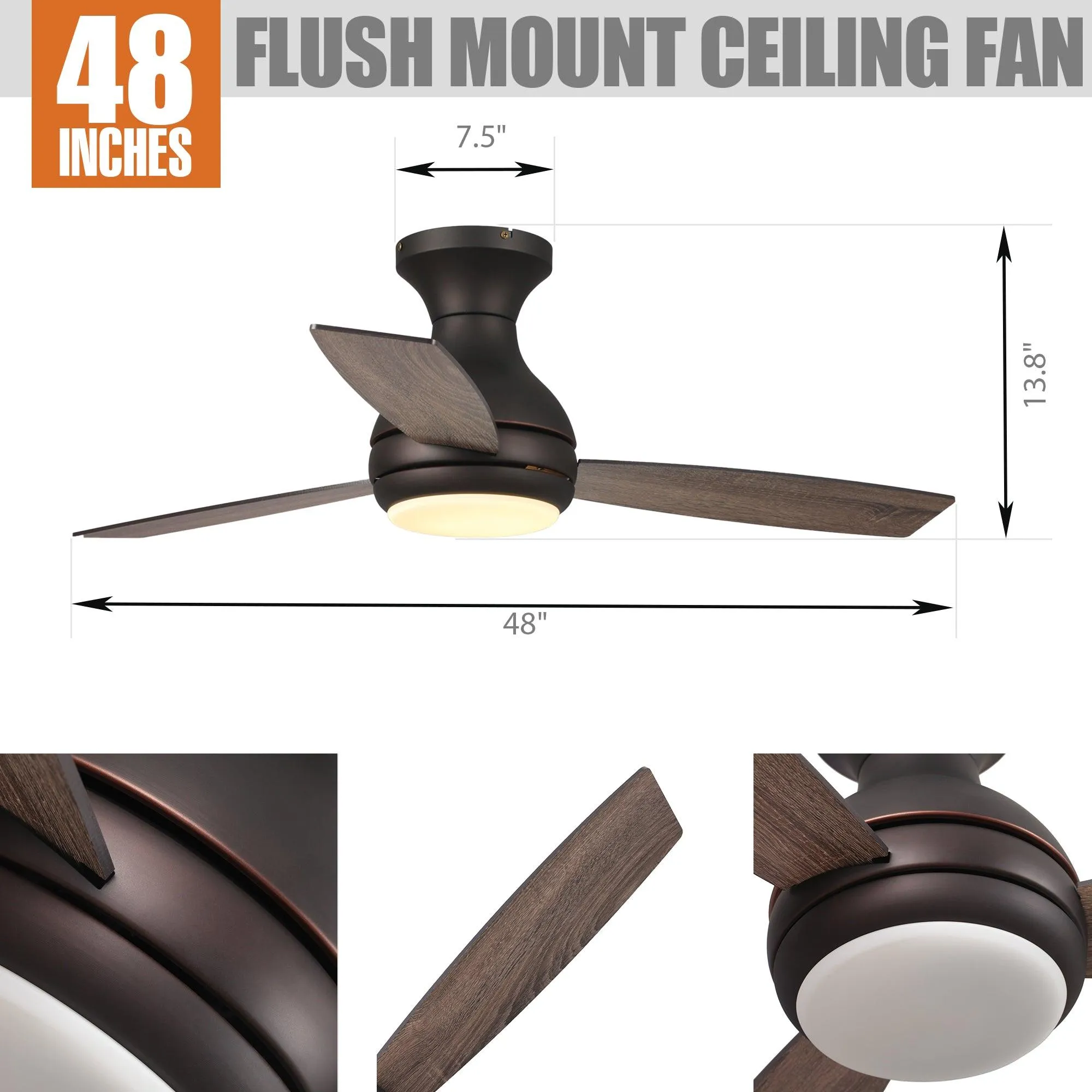 48" Beckette Farmhouse Flush Mount Reversible Ceiling Fan with Lighting and Remote Control