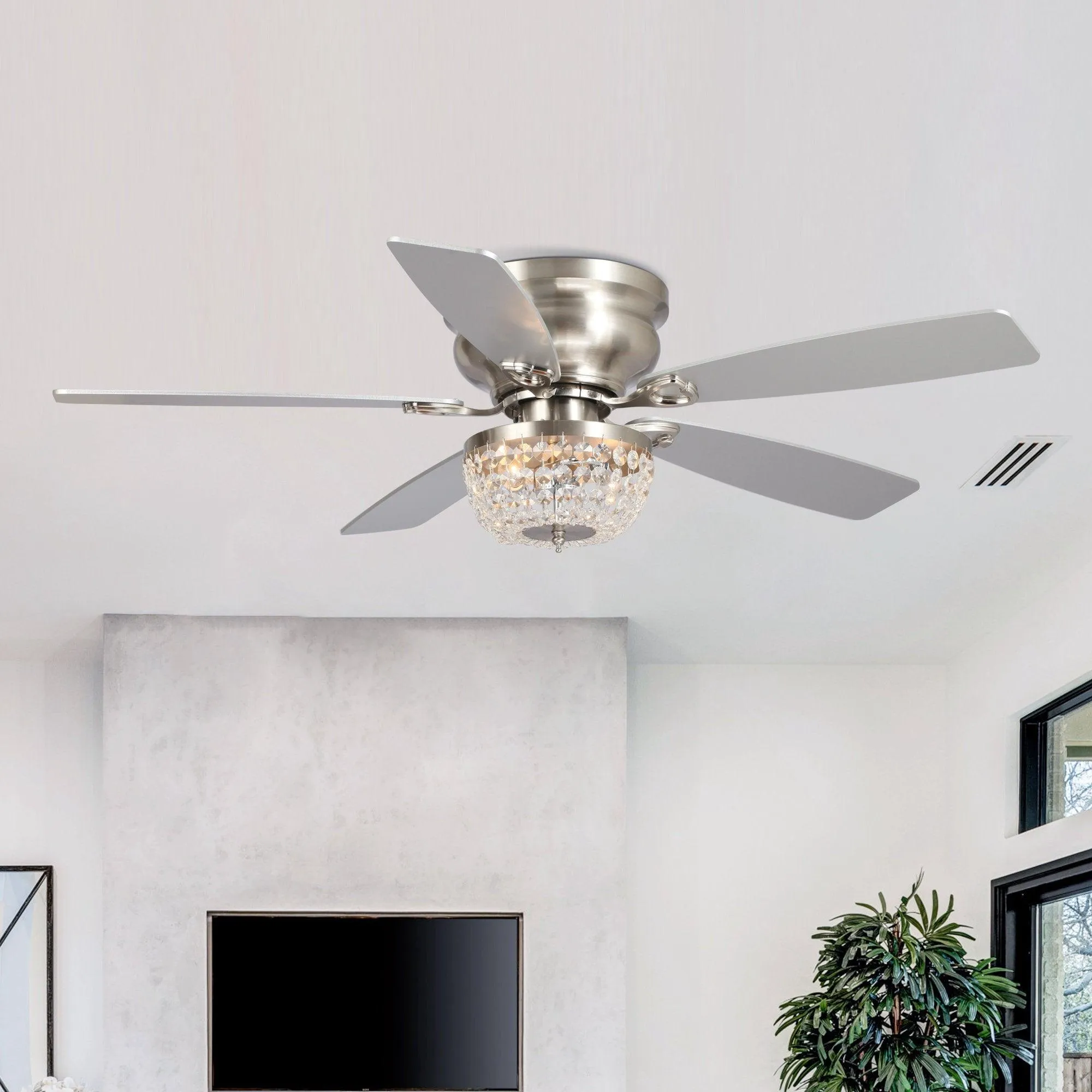 48" Modern Flush Mount Reversible Crytsal Ceiling Fan with Lighting and Remote Control