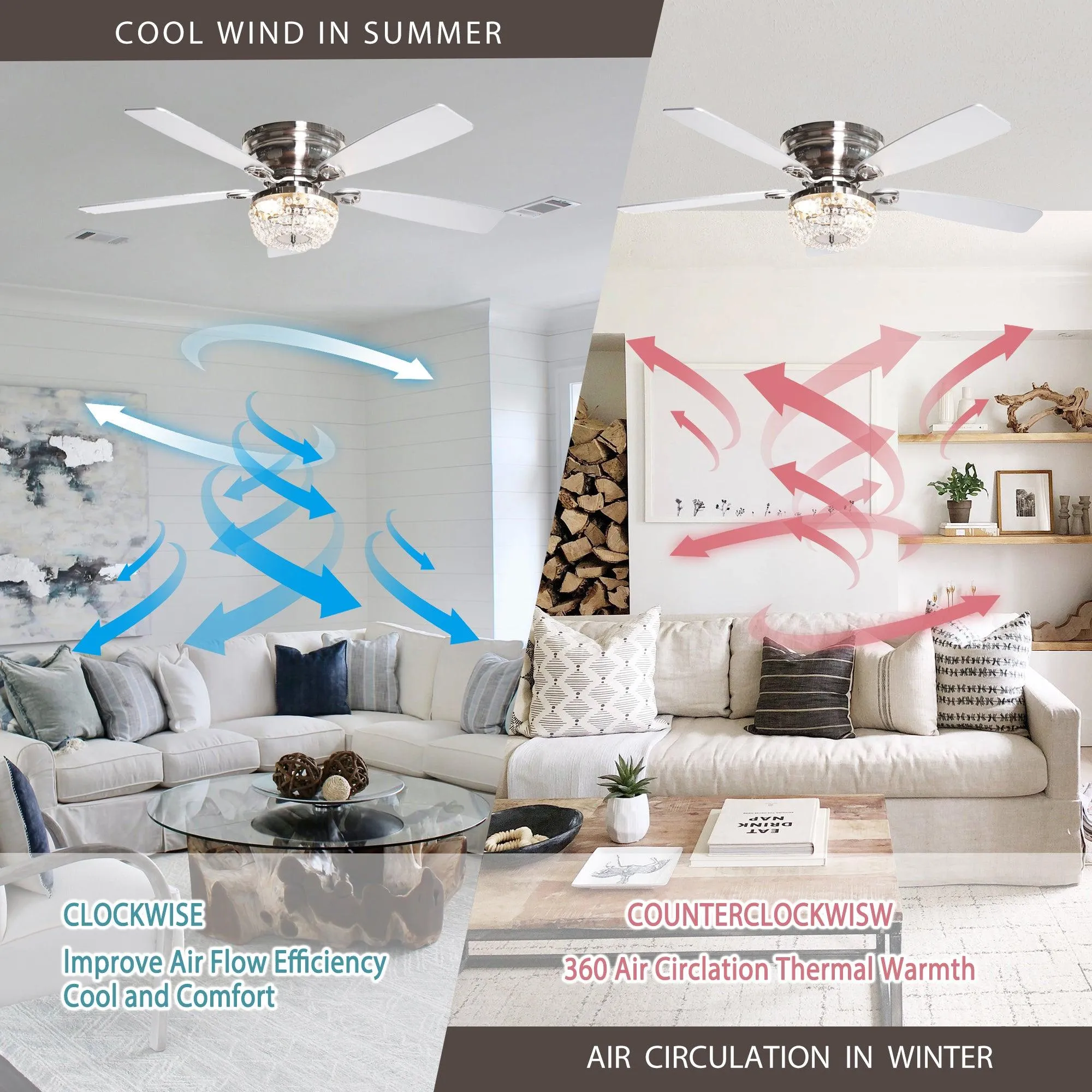 48" Modern Flush Mount Reversible Crytsal Ceiling Fan with Lighting and Remote Control