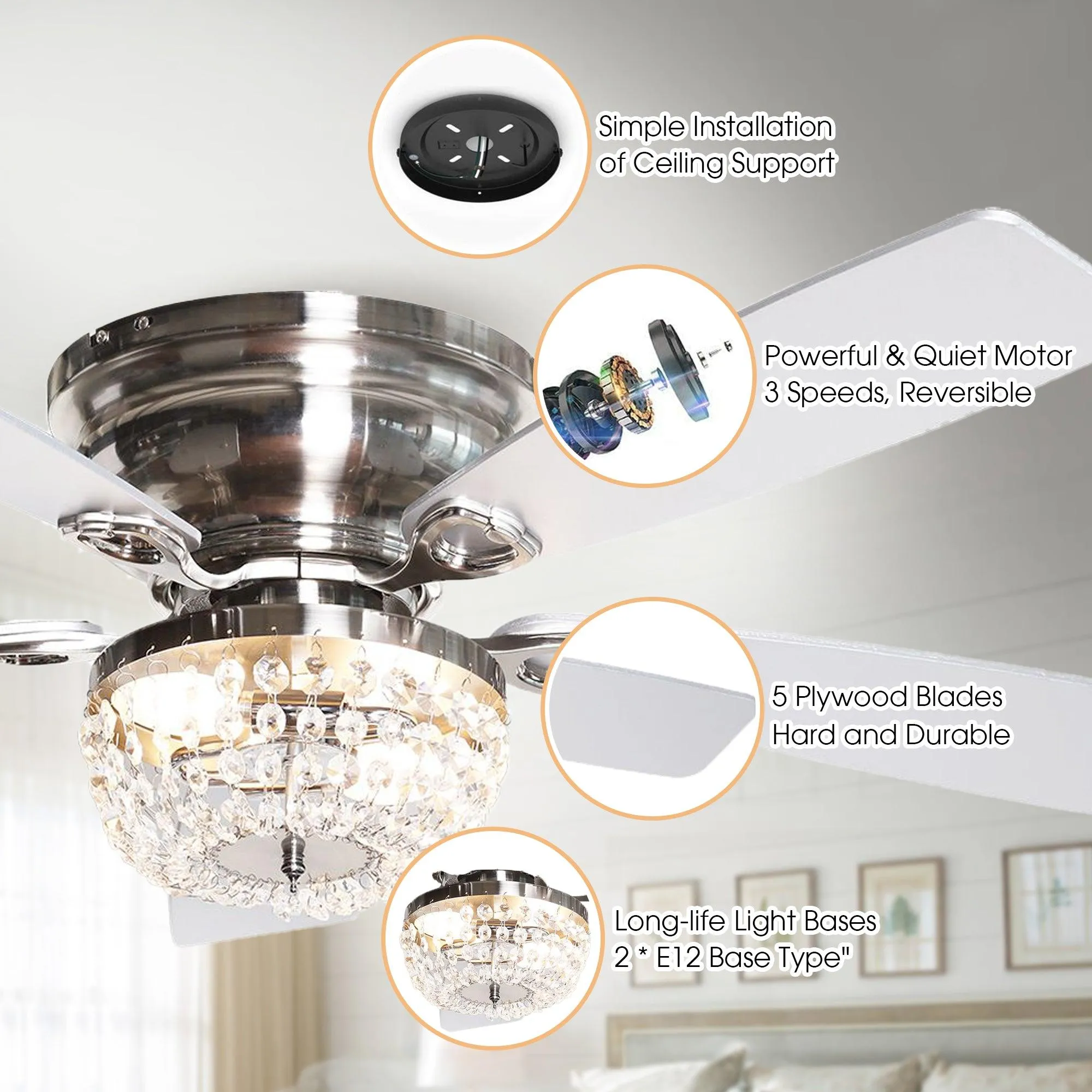 48" Modern Flush Mount Reversible Crytsal Ceiling Fan with Lighting and Remote Control