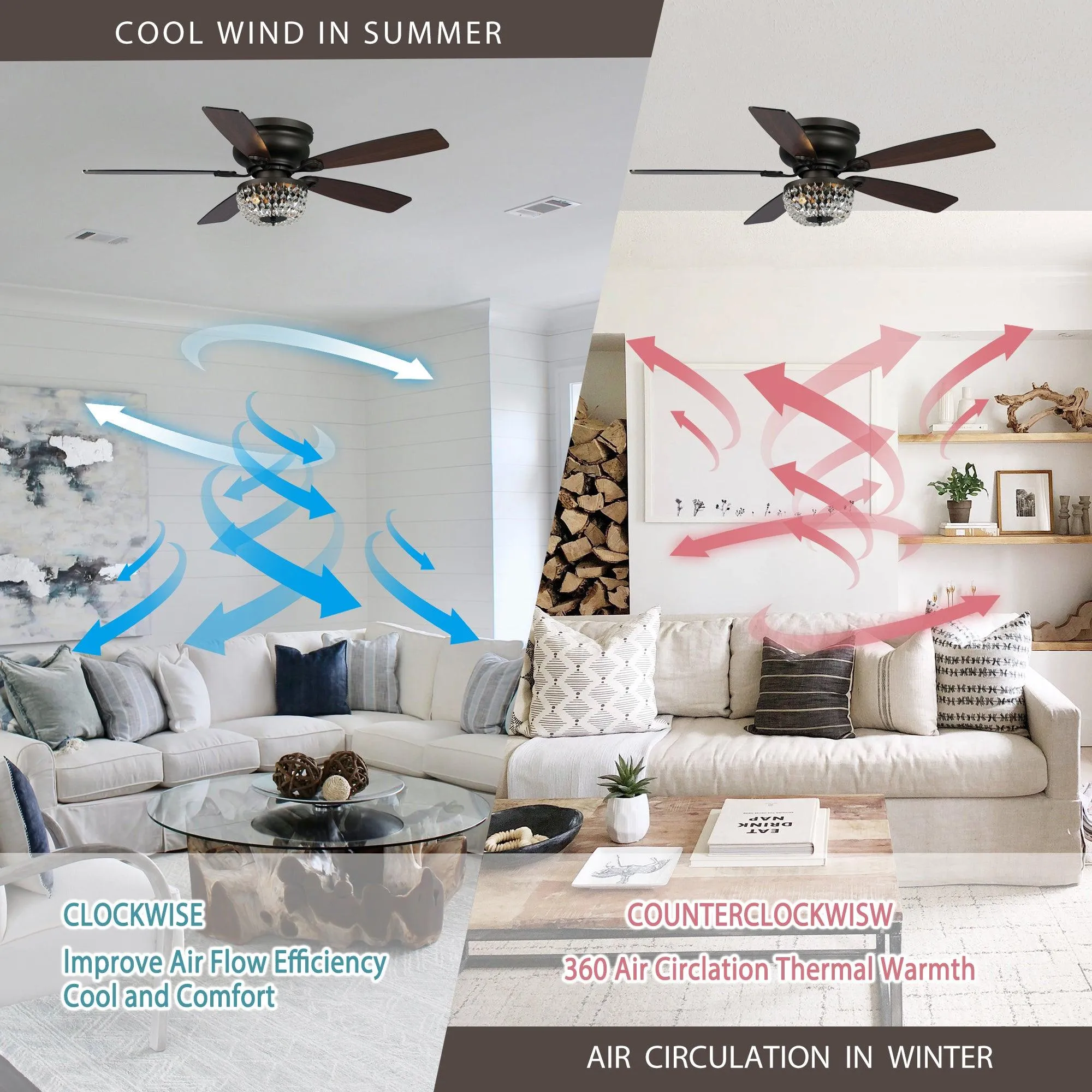 48" Modern Flush Mount Reversible Crytsal Ceiling Fan with Lighting and Remote Control