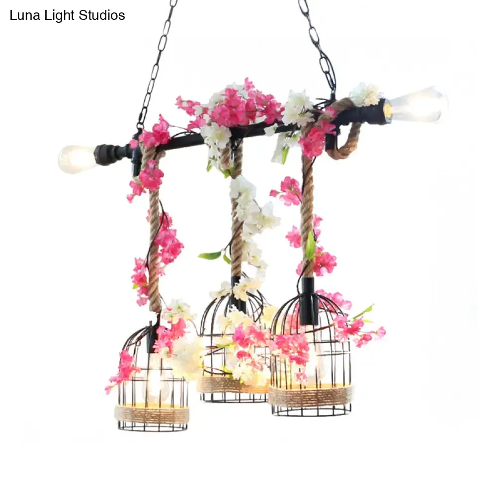 5-Head Birdcage Rope Island Light Fixture: Factory Red/Rose Red Metal Pendant Lamp with Artificial Maple Leaf/Blossom