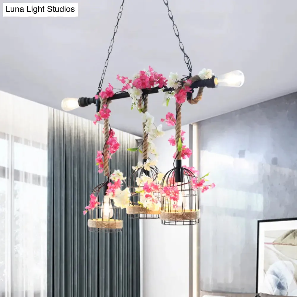 5-Head Birdcage Rope Island Light Fixture: Factory Red/Rose Red Metal Pendant Lamp with Artificial Maple Leaf/Blossom