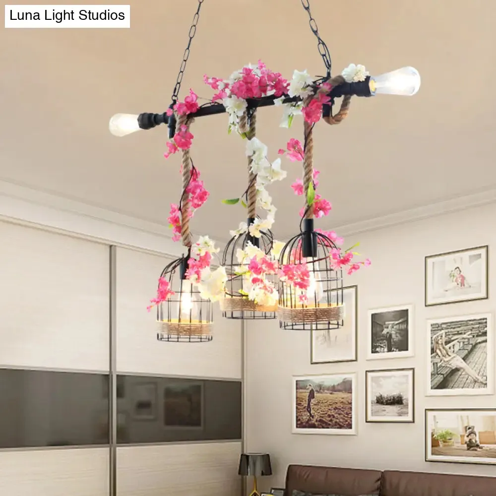 5-Head Birdcage Rope Island Light Fixture: Factory Red/Rose Red Metal Pendant Lamp with Artificial Maple Leaf/Blossom