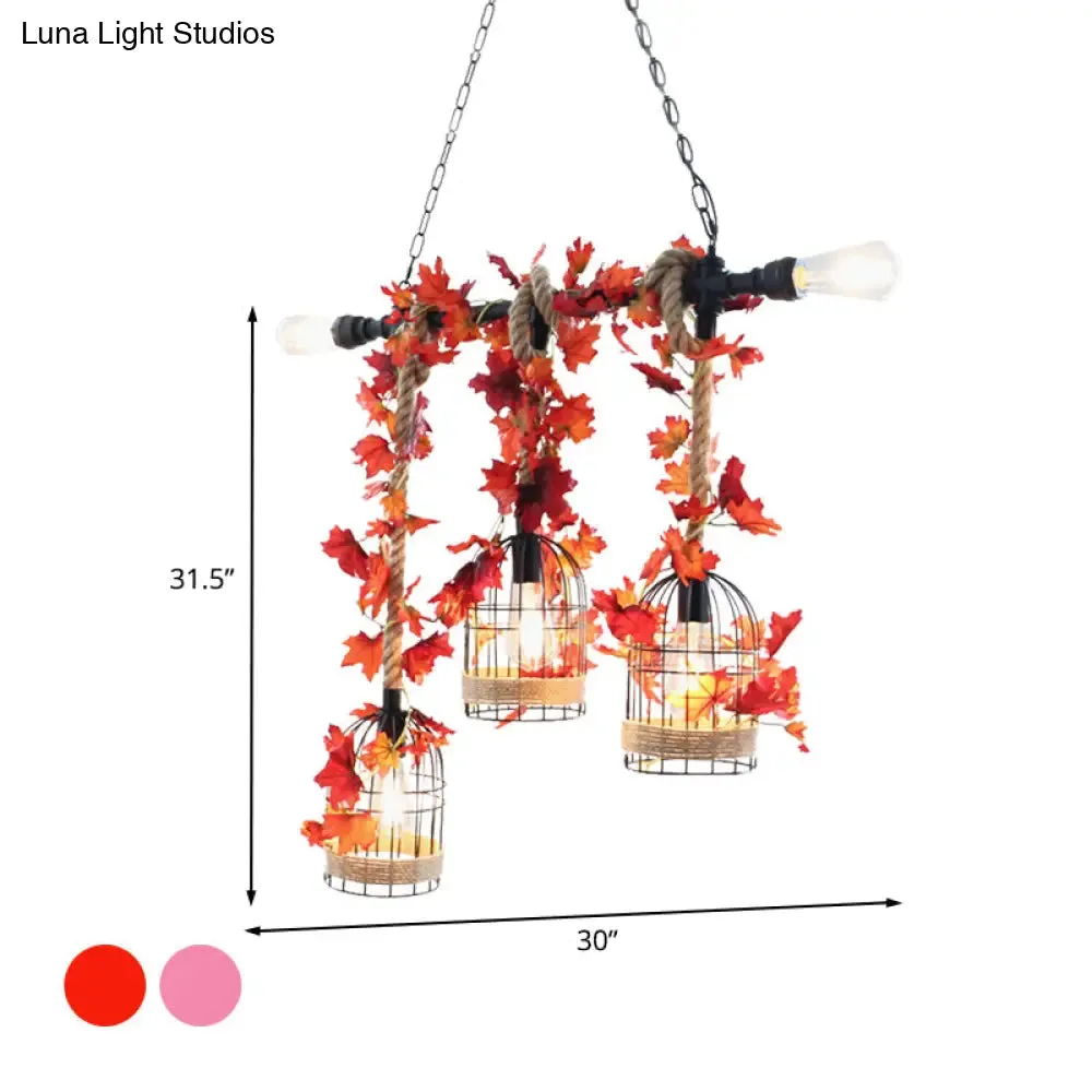 5-Head Birdcage Rope Island Light Fixture: Factory Red/Rose Red Metal Pendant Lamp with Artificial Maple Leaf/Blossom