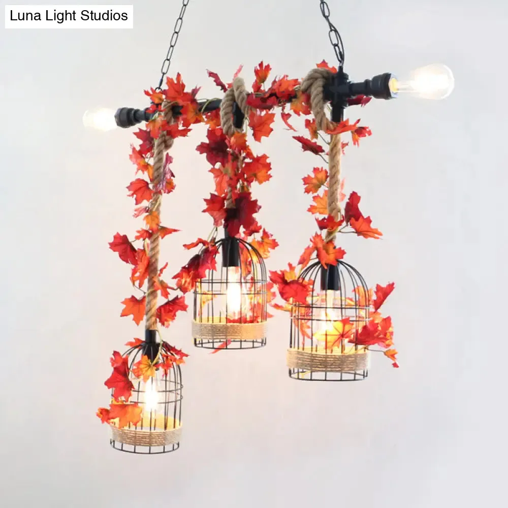 5-Head Birdcage Rope Island Light Fixture: Factory Red/Rose Red Metal Pendant Lamp with Artificial Maple Leaf/Blossom