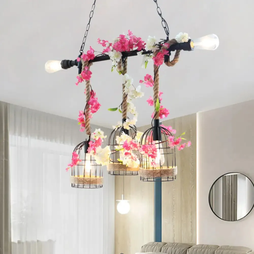 5-Head Birdcage Rope Island Light Fixture: Factory Red/Rose Red Metal Pendant Lamp with Artificial Maple Leaf/Blossom