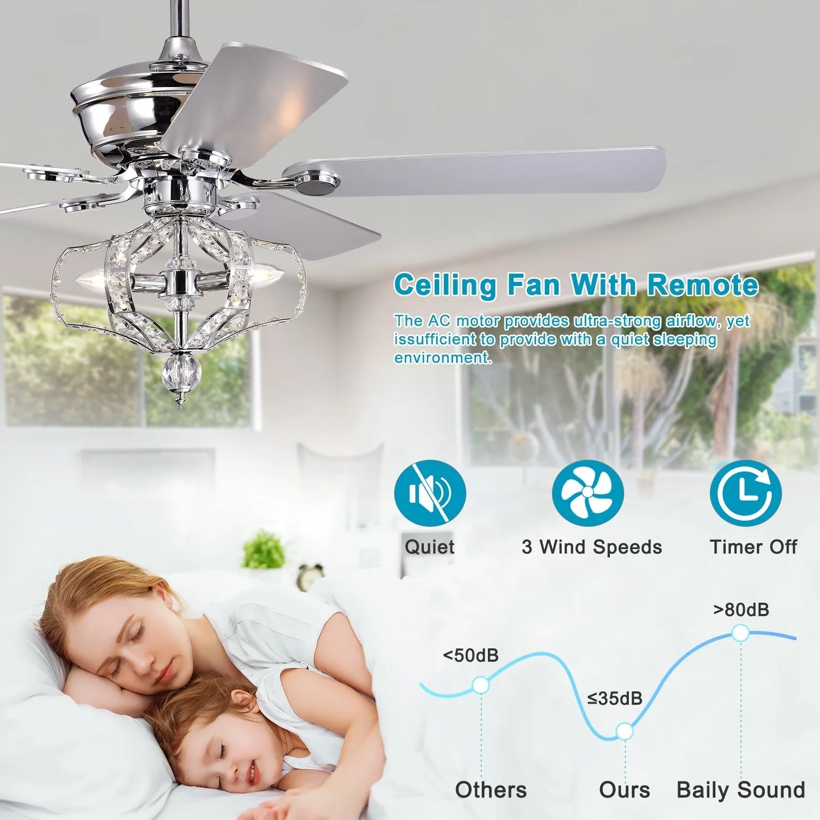 52" Chrome Crystal Chandelier American Retro Ceiling Fan Reversible 3-speed Silent Ceiling Fan