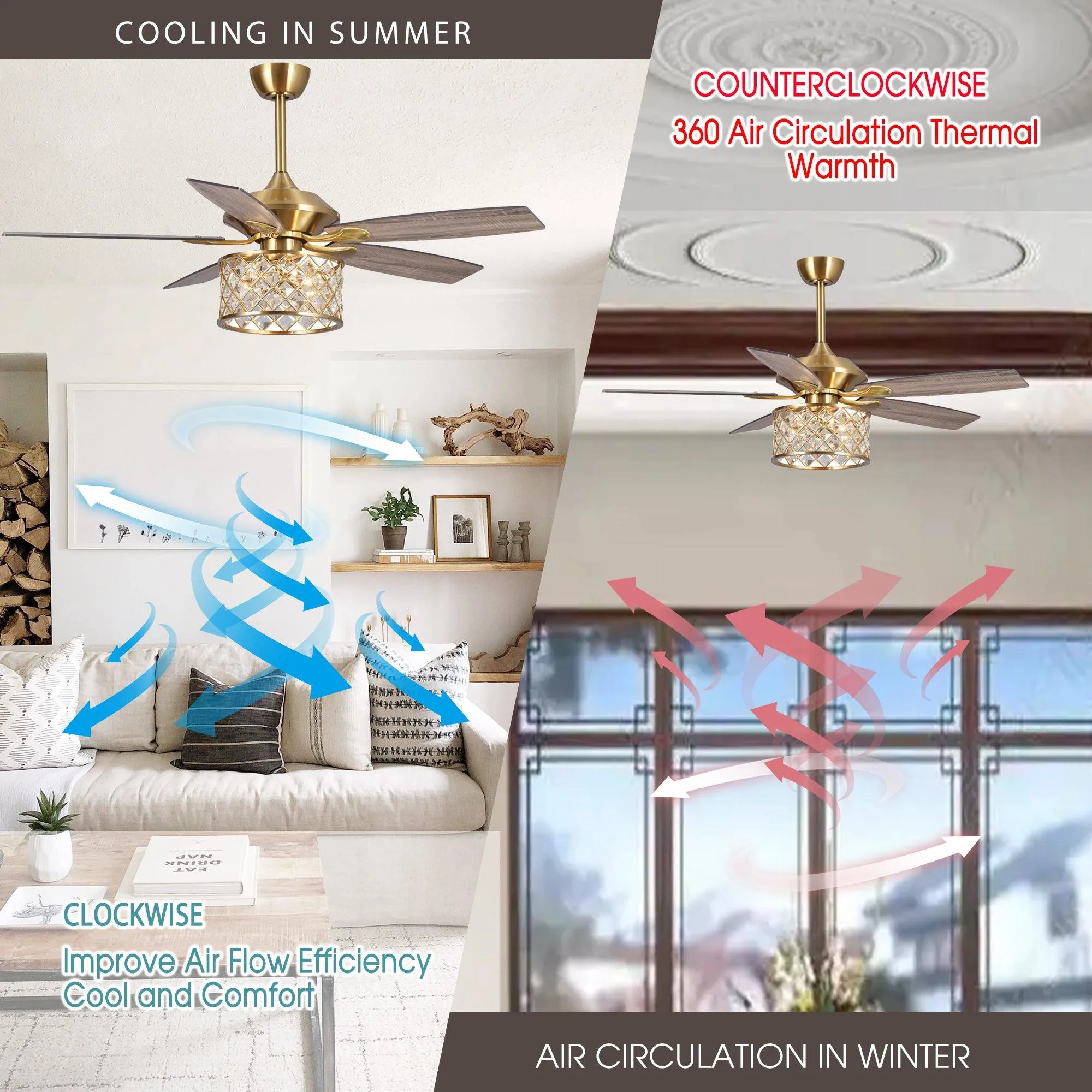 52" Cochin Modern Downrod Mount Reversible Crystal Ceiling Fan with Lighting and Remote Control