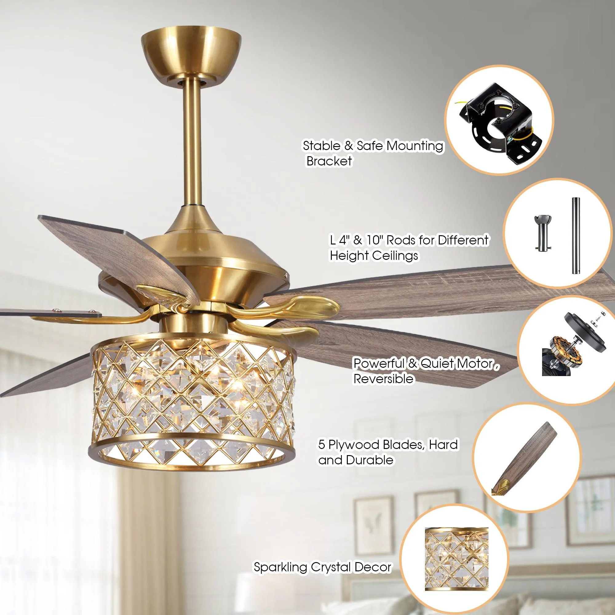 52" Cochin Modern Downrod Mount Reversible Crystal Ceiling Fan with Lighting and Remote Control