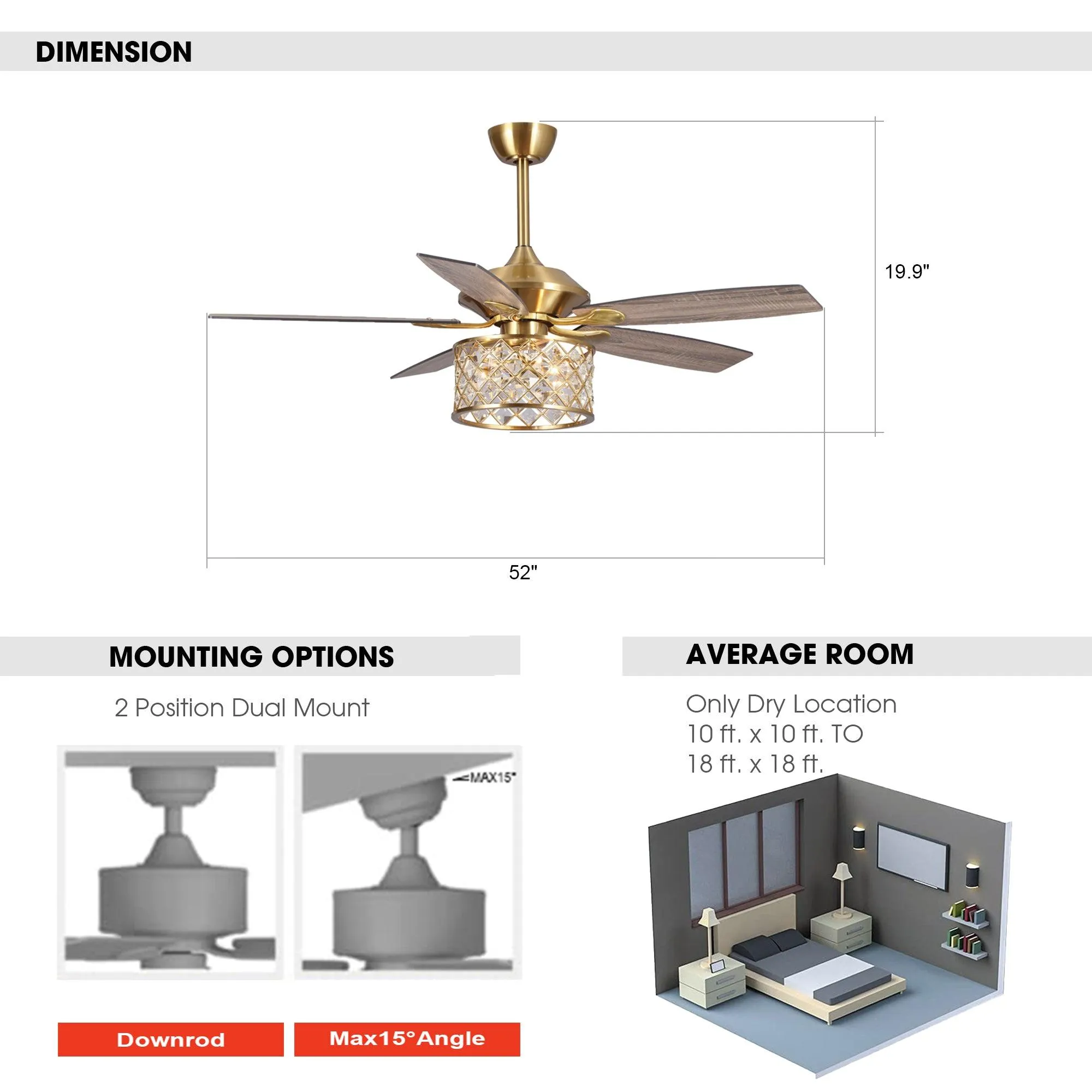 52" Cochin Modern Downrod Mount Reversible Crystal Ceiling Fan with Lighting and Remote Control