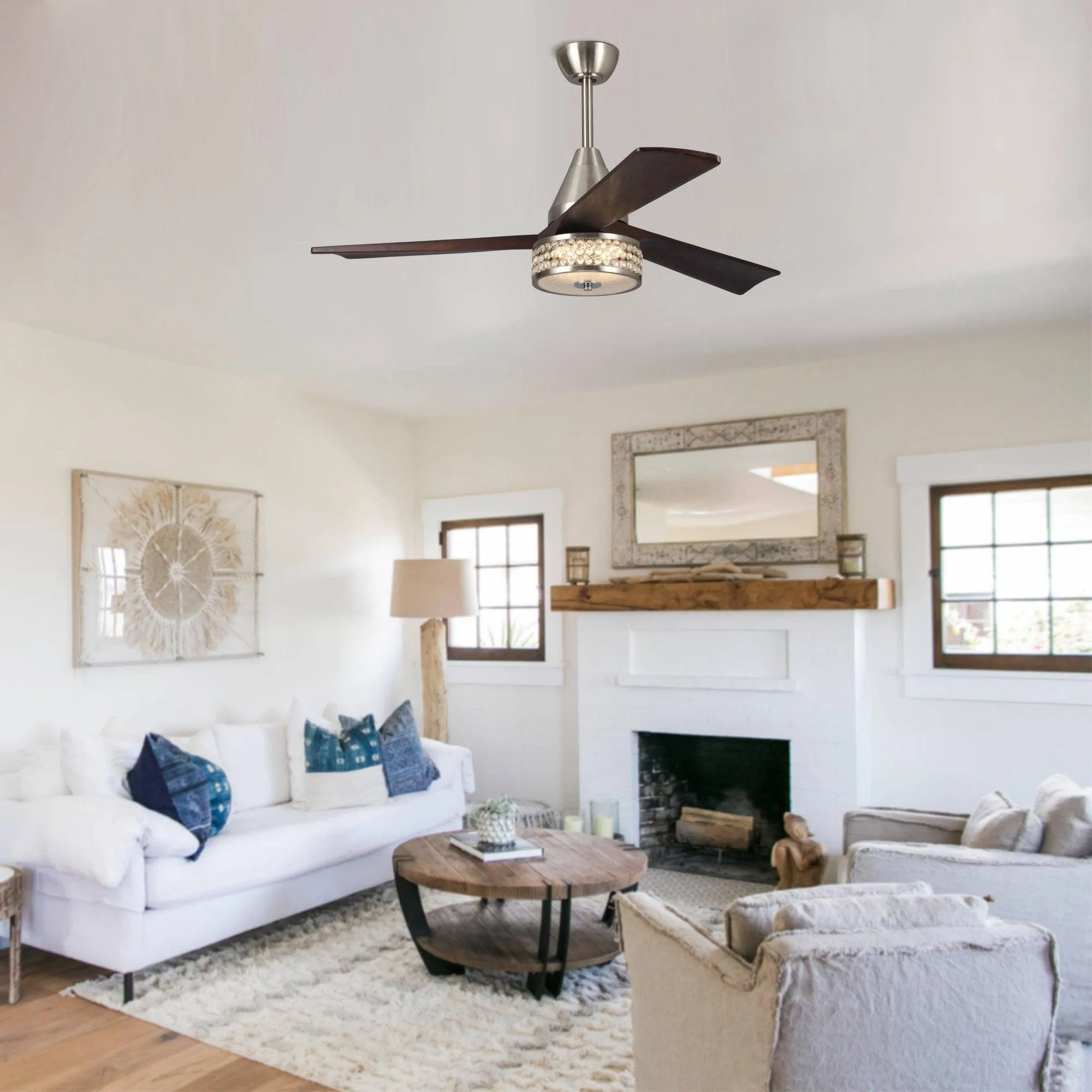 52" Farmhouse Satin Nickel Downrod Mount Reversible Crystal Ceiling Fan with Lighting and Remote Control