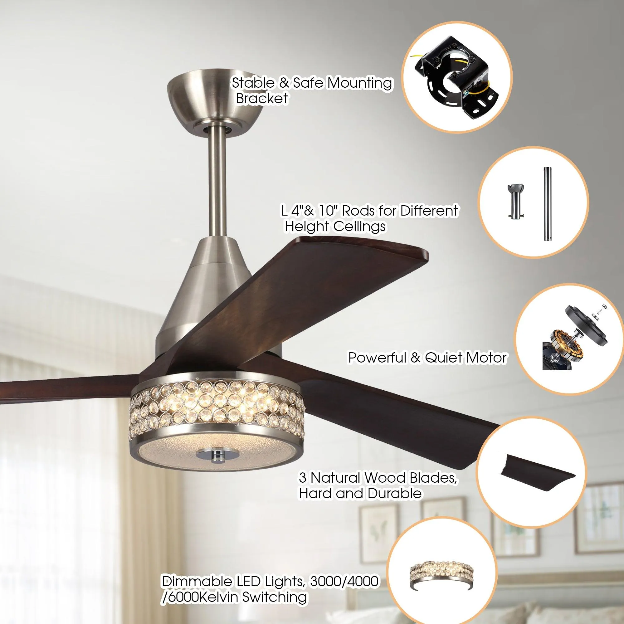 52" Farmhouse Satin Nickel Downrod Mount Reversible Crystal Ceiling Fan with Lighting and Remote Control