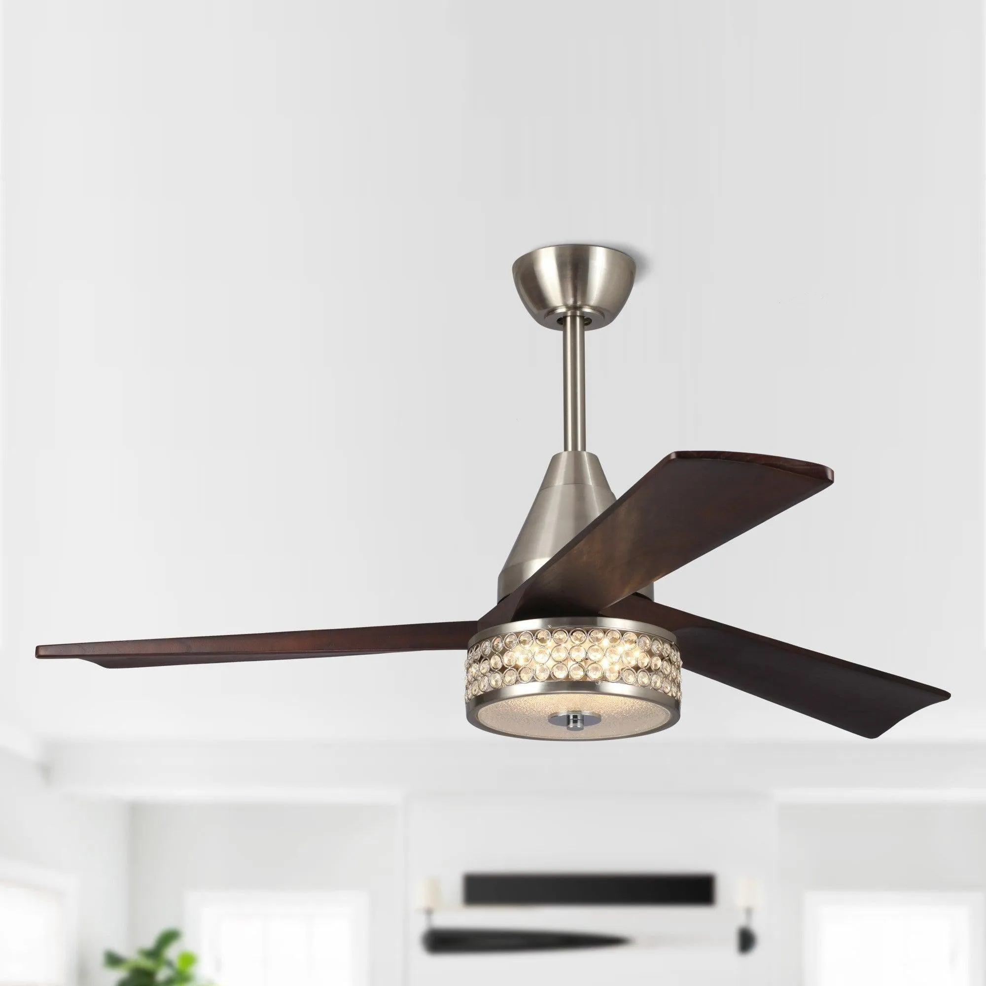 52" Farmhouse Satin Nickel Downrod Mount Reversible Crystal Ceiling Fan with Lighting and Remote Control