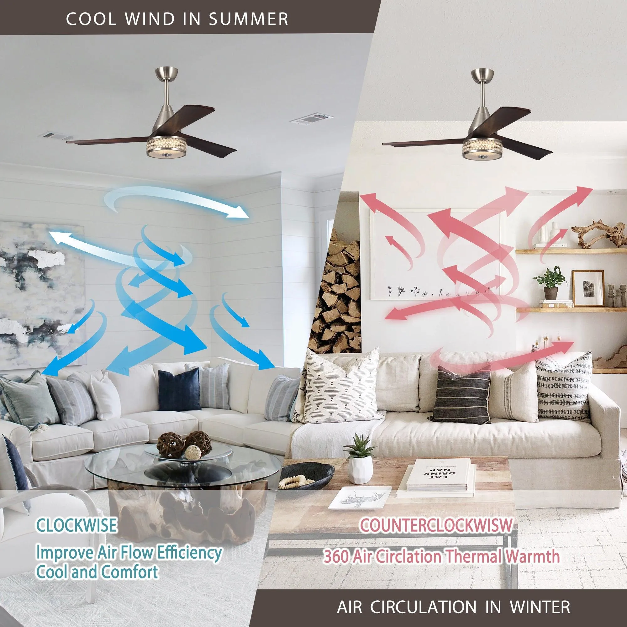 52" Farmhouse Satin Nickel Downrod Mount Reversible Crystal Ceiling Fan with Lighting and Remote Control