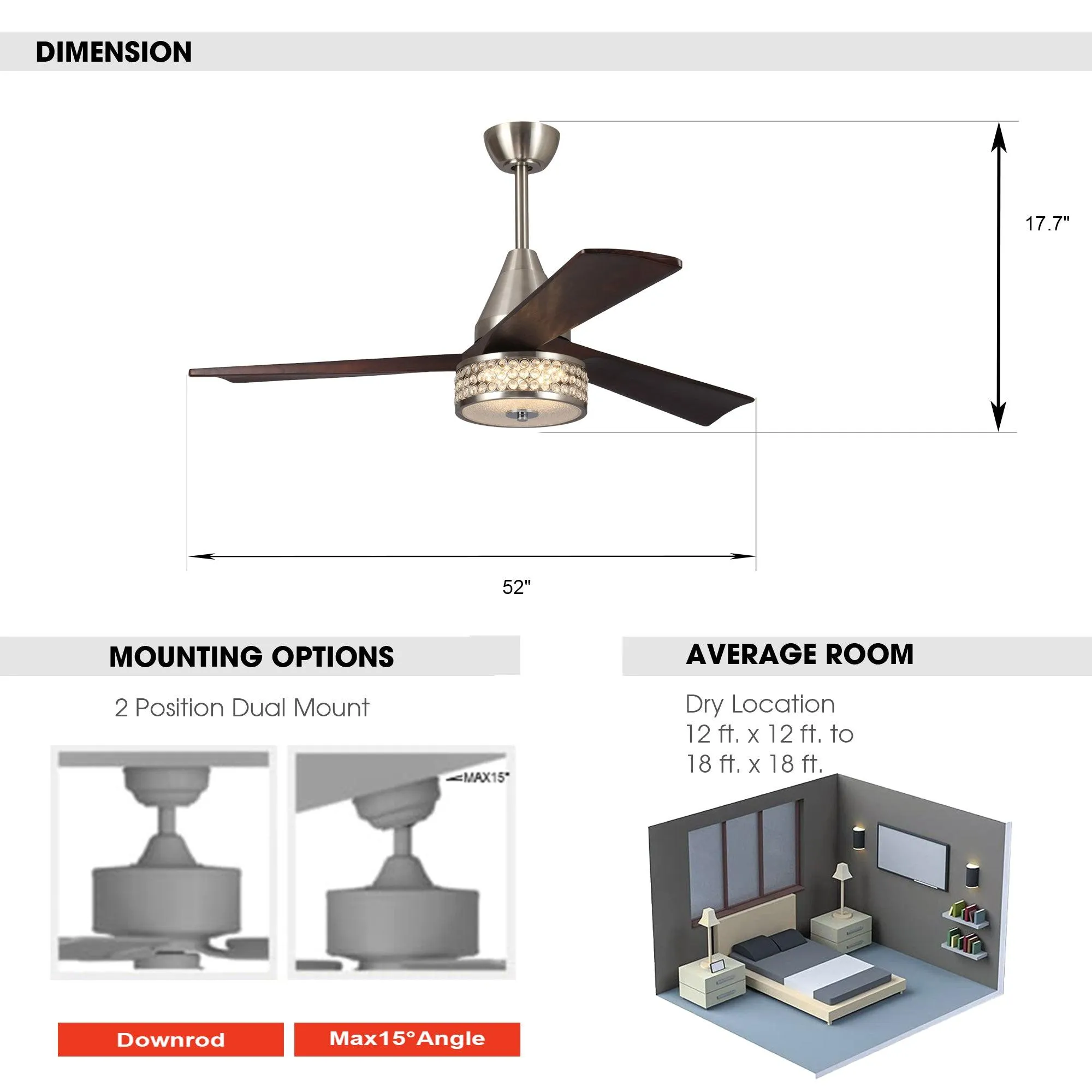 52" Farmhouse Satin Nickel Downrod Mount Reversible Crystal Ceiling Fan with Lighting and Remote Control