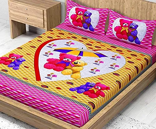 AC FASHION Rajasthani Jaipuri Traditional Sanganeri Teddy Print 280 TC 100% Cotton Double Size Bedsheet with 2 Pillow Covers (Pink)