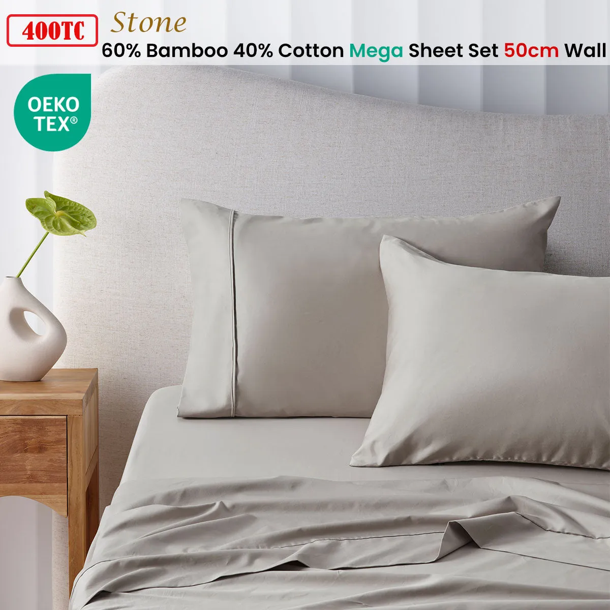 Accessorize 400TC Stone Bamboo Cotton Mega / Super Sheet Set 50cm Wall Queen