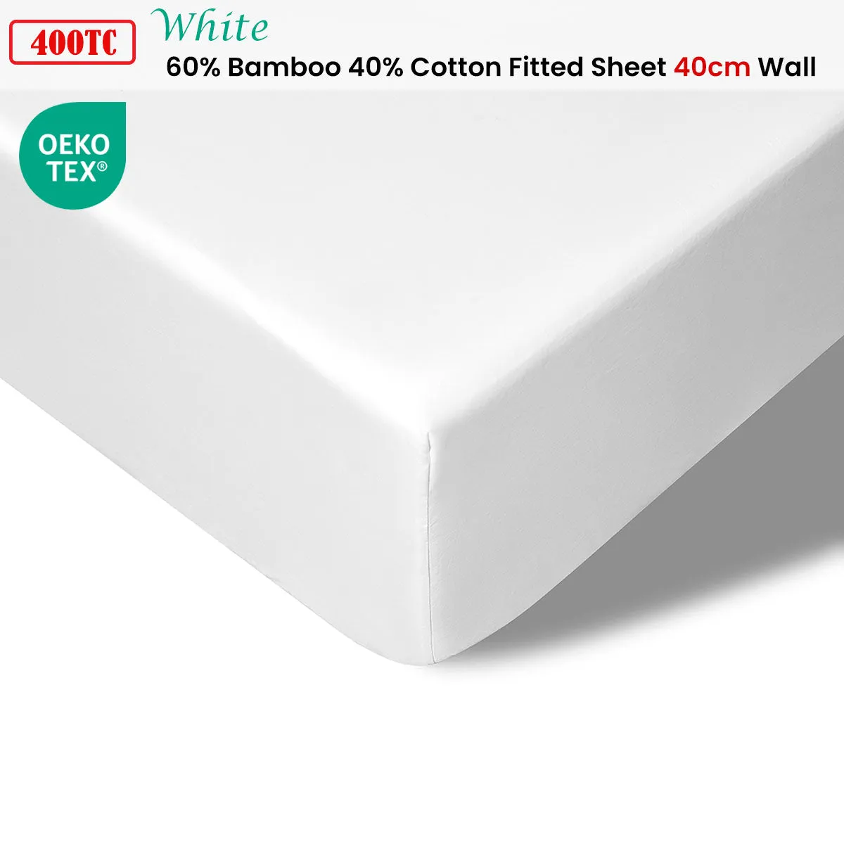 Accessorize 400TC White Bamboo Cotton Fitted Sheet 40cm Wall Queen