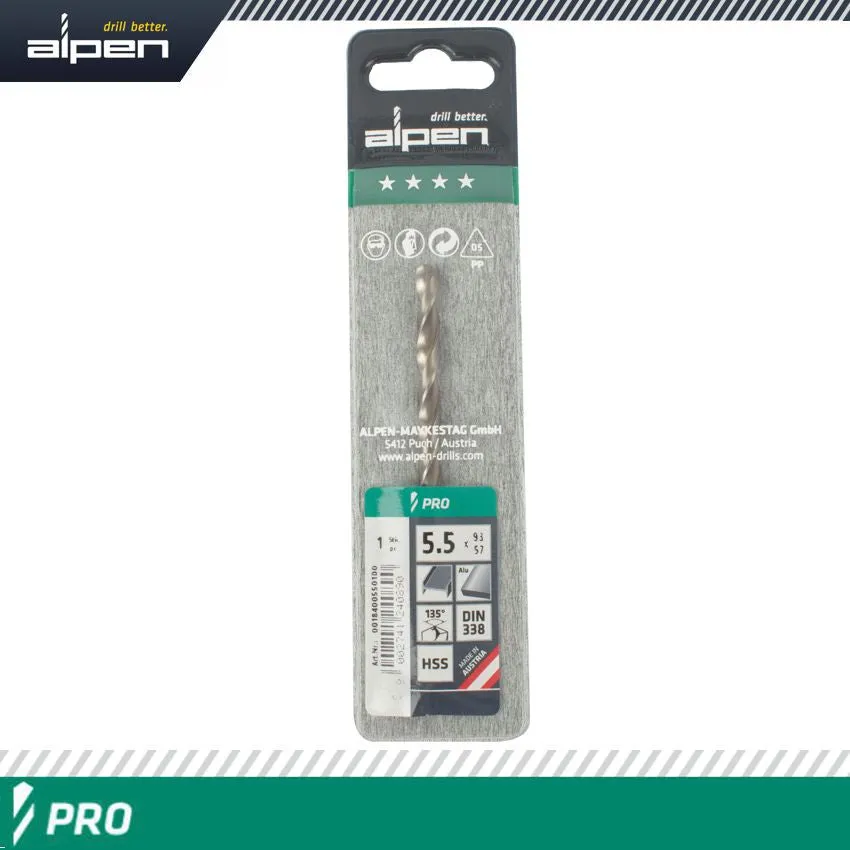 ALPEN ALPEN PRO HSS 5.5MM DRILL DIN 338 RN 135 SPLIT POINT PLASTIC WALLET  ( ALP1840055