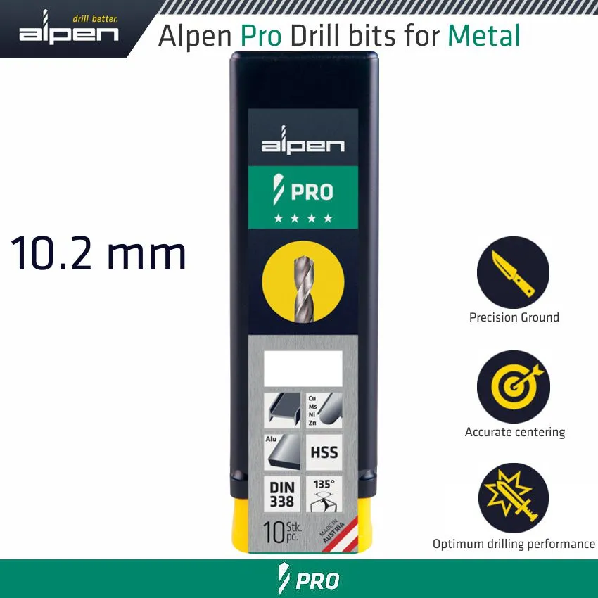 ALPEN ALPEN PRO HSS DRILL DIN 338 RN 135  WITH SPLIT POINT 10.2MM BULK ALP9540102