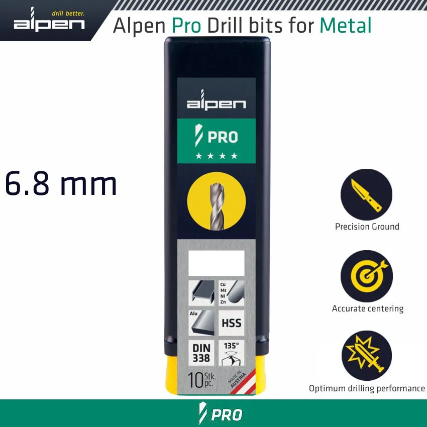 ALPEN ALPEN PRO HSS DRILL DIN 338 RN 135  WITH SPLIT POINT 6.8MM BULK ALP9540068