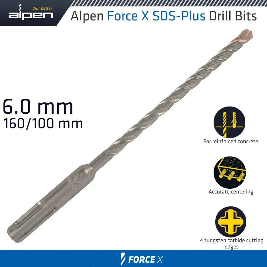 ALPEN FORCE X 6.0 x 160/100 SDS-PLUS DRILL BIT X4 CUTTING EDGES - BULK ALP763006