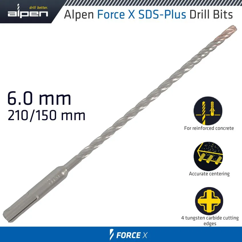 ALPEN FORCE X 6.0 x 210/150 SDS-PLUS DRILL BIT X4 CUTTING EDGES - BULK ALP764006