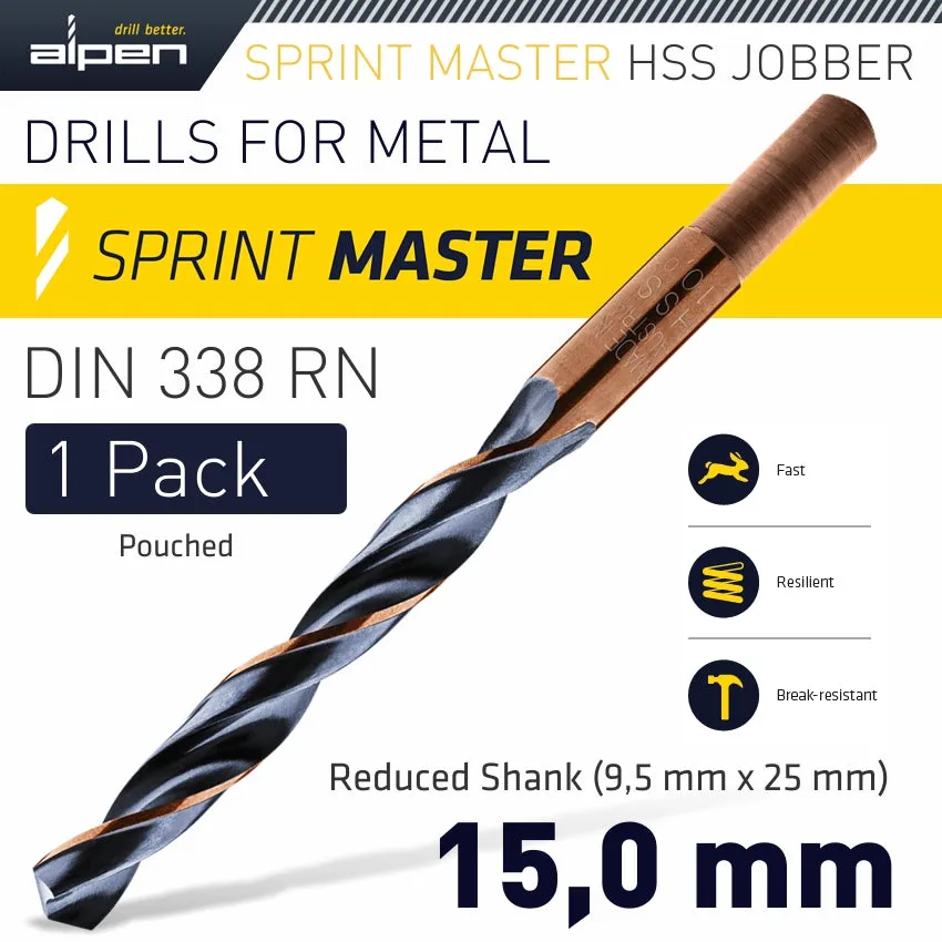 ALPEN HSS SPRINT MASTER 15.0MM RED SHANK 9.5MM X1 SLEEVED DIN338 ALPEN DRILL ALP6400150