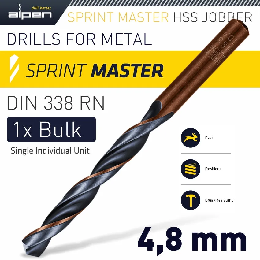 ALPEN HSS SPRINT MASTER 4.8MM BULK DIN 338 ALPEN DRILL BIT ALP6260048