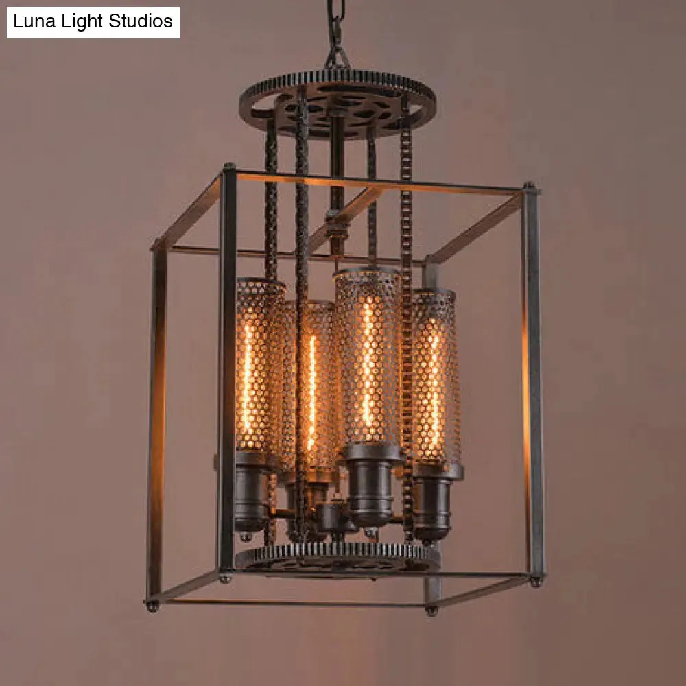 Antique Style Metal Pendant Light with Cylindrical Shade - 4 Lights Indoor Chandelier Lamp (Black)