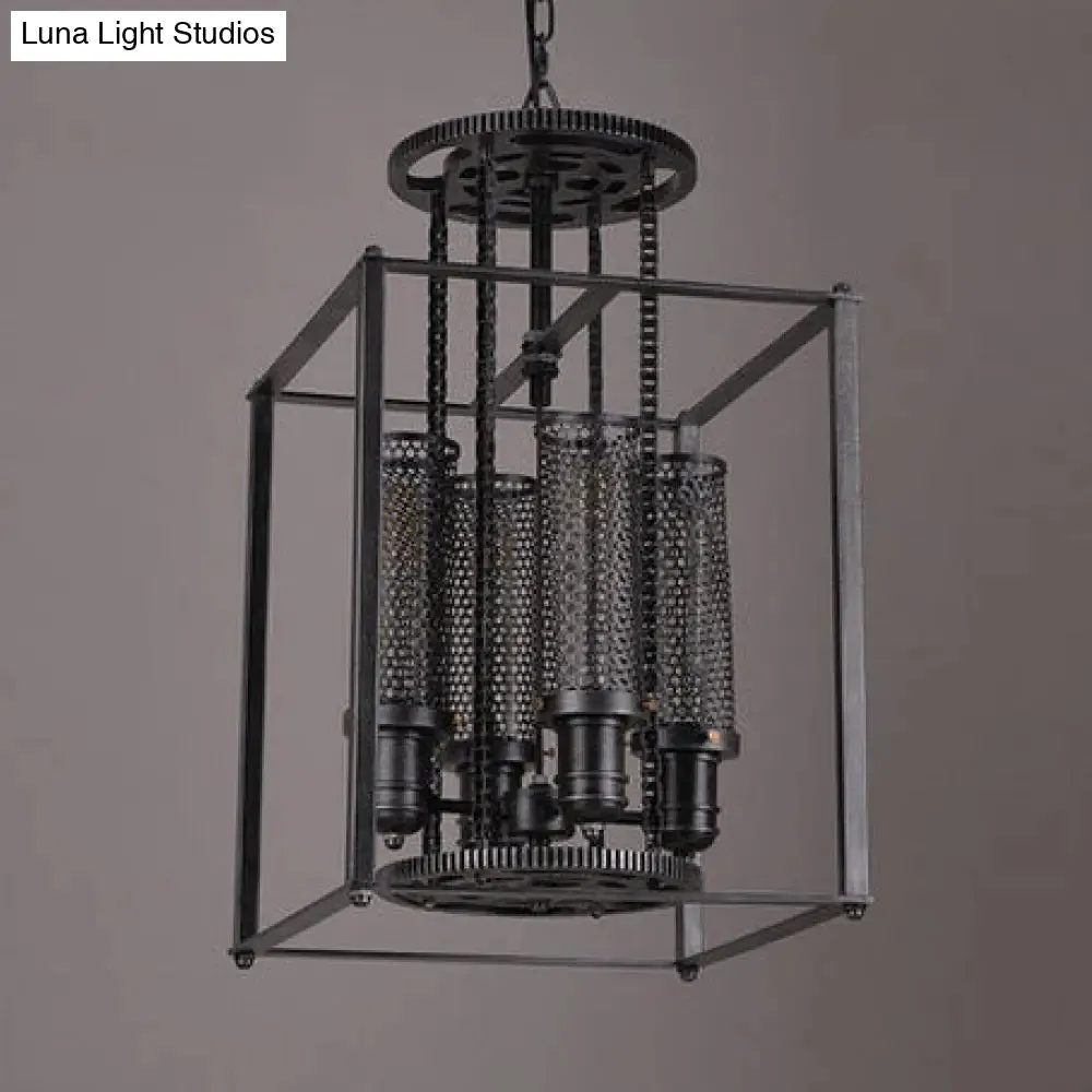 Antique Style Metal Pendant Light with Cylindrical Shade - 4 Lights Indoor Chandelier Lamp (Black)