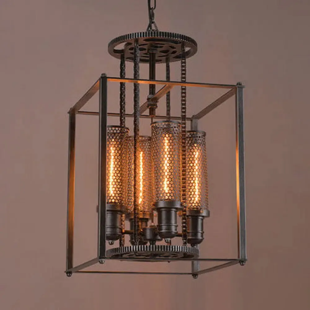 Antique Style Metal Pendant Light with Cylindrical Shade - 4 Lights Indoor Chandelier Lamp (Black)