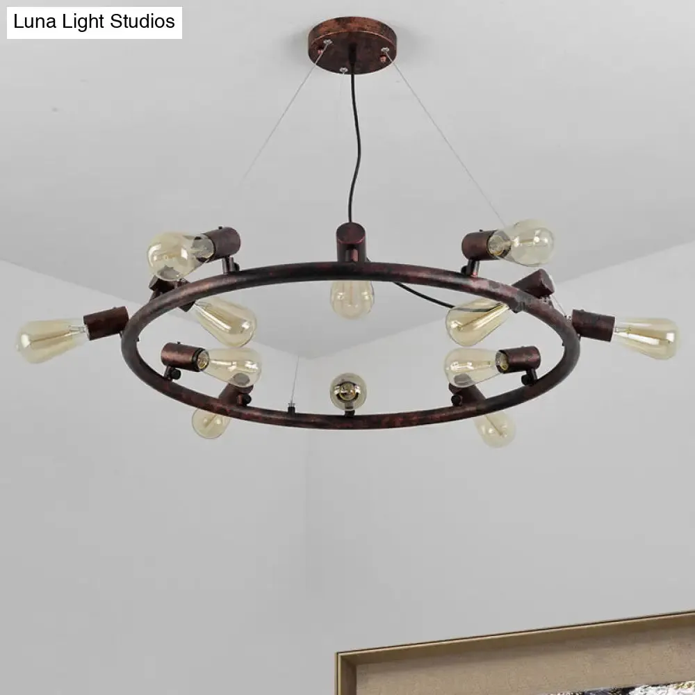 Antique Stylish Dark Rust Wrought Iron Chandelier Light Fixture - 8/12 Lights Circular Hanging Pendant