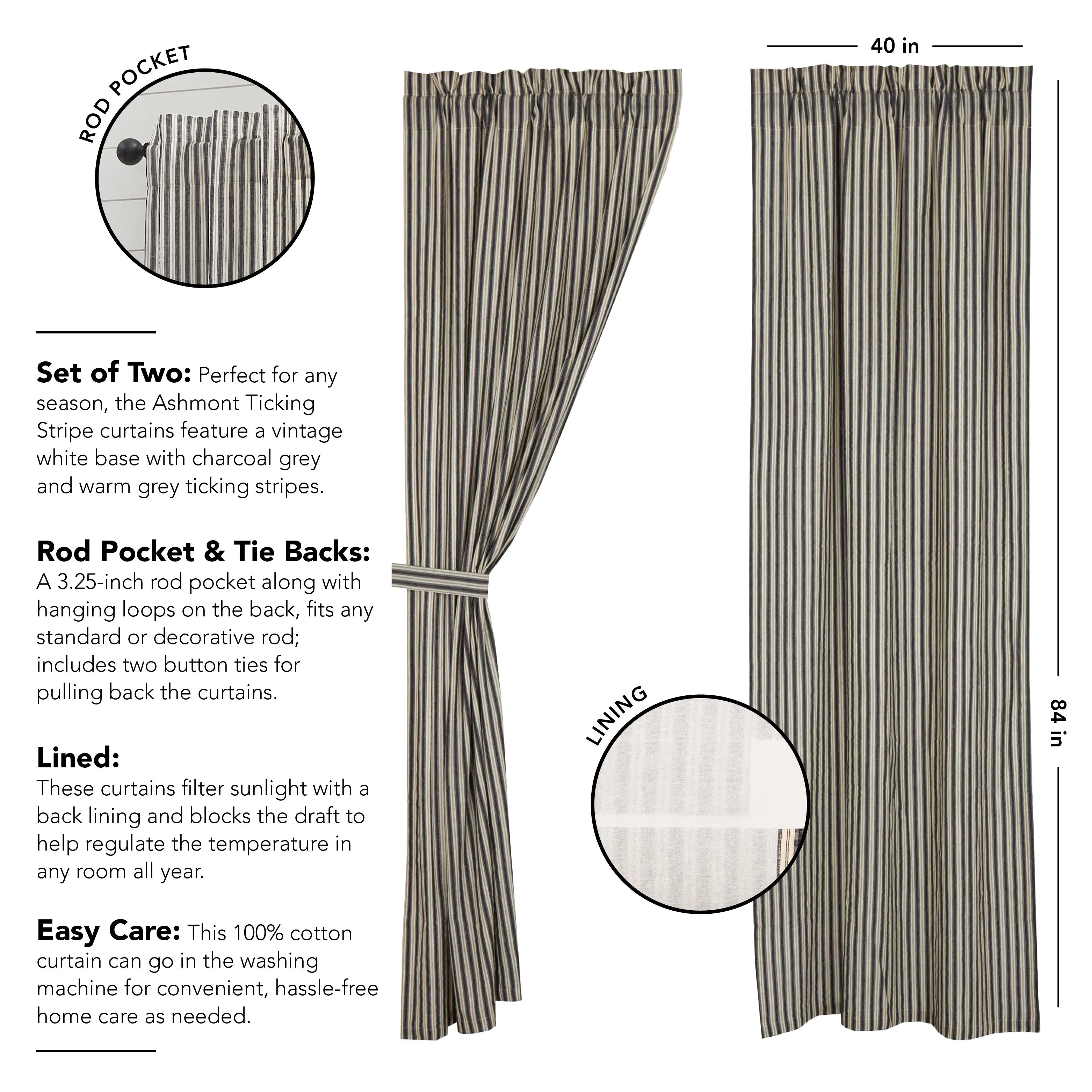 Ashmont Ticking Stripe Panel Set of 2 84x40