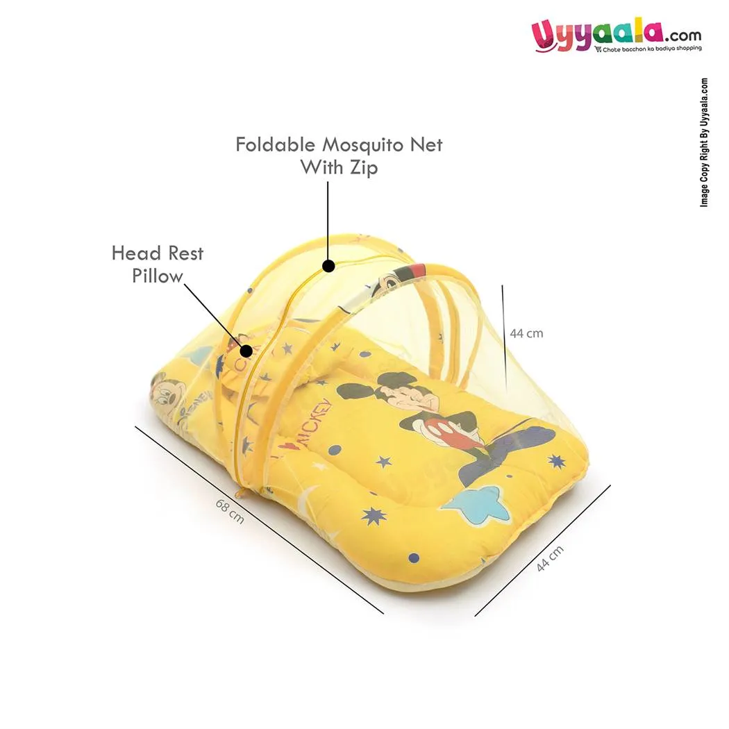 Baby Bedding Set with Mosquito Protection Net & Pillow Cotton, Mickey Mouse Print  0 to 12m age, Yellow