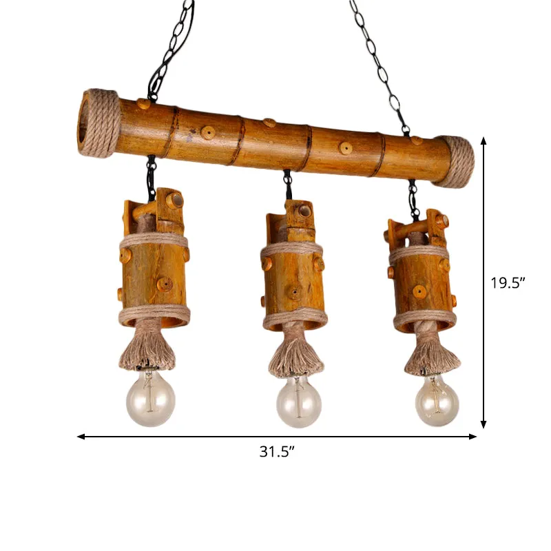 Bamboo Chinese Bucket Pendant Lamp - Countryside 3-Bulb Island Light Fixture in Brown with Rope Accent