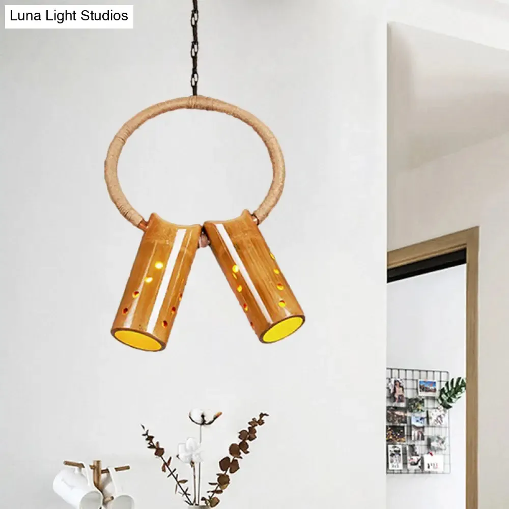 Bamboo Rustic Bistro Pendant Light with Beige Ring