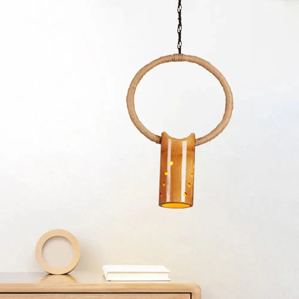 Bamboo Rustic Bistro Pendant Light with Beige Ring