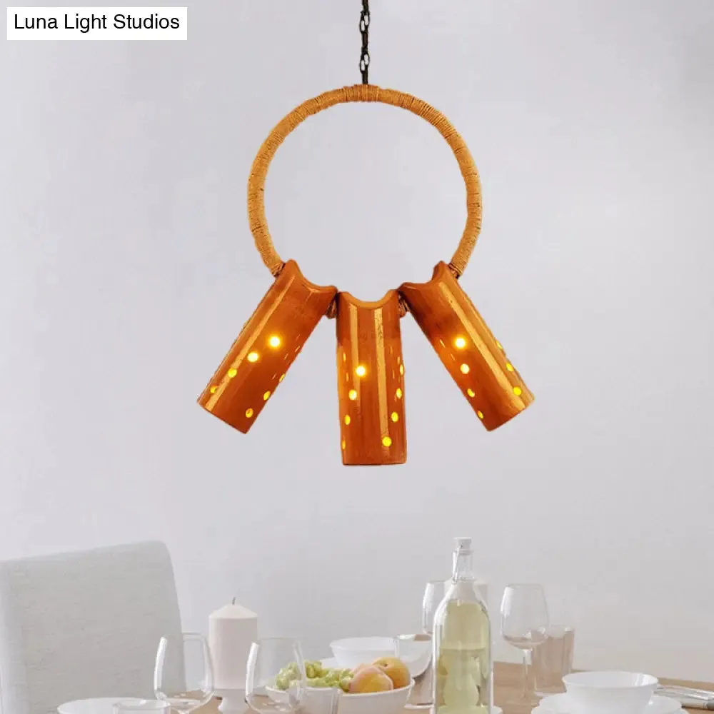 Bamboo Rustic Bistro Pendant Light with Beige Ring