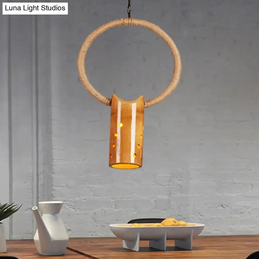 Bamboo Rustic Bistro Pendant Light with Beige Ring