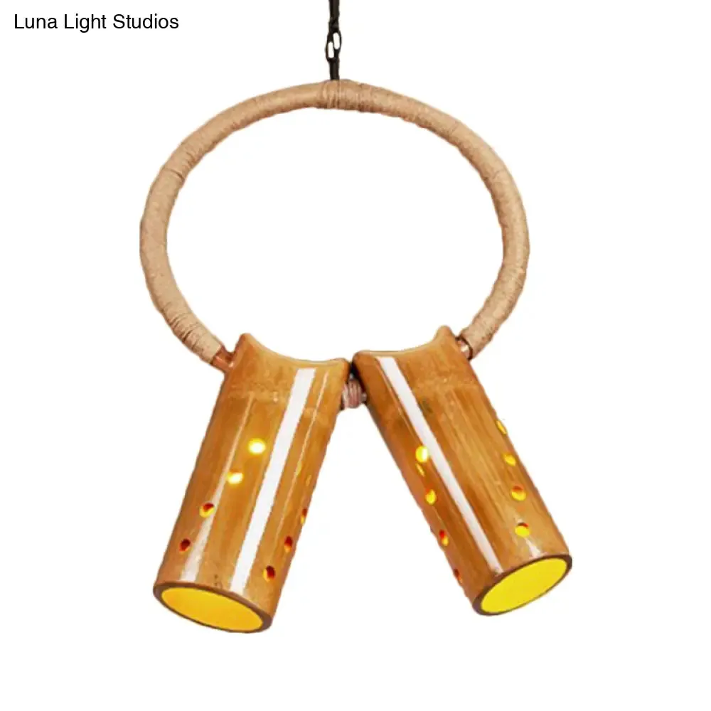 Bamboo Rustic Bistro Pendant Light with Beige Ring